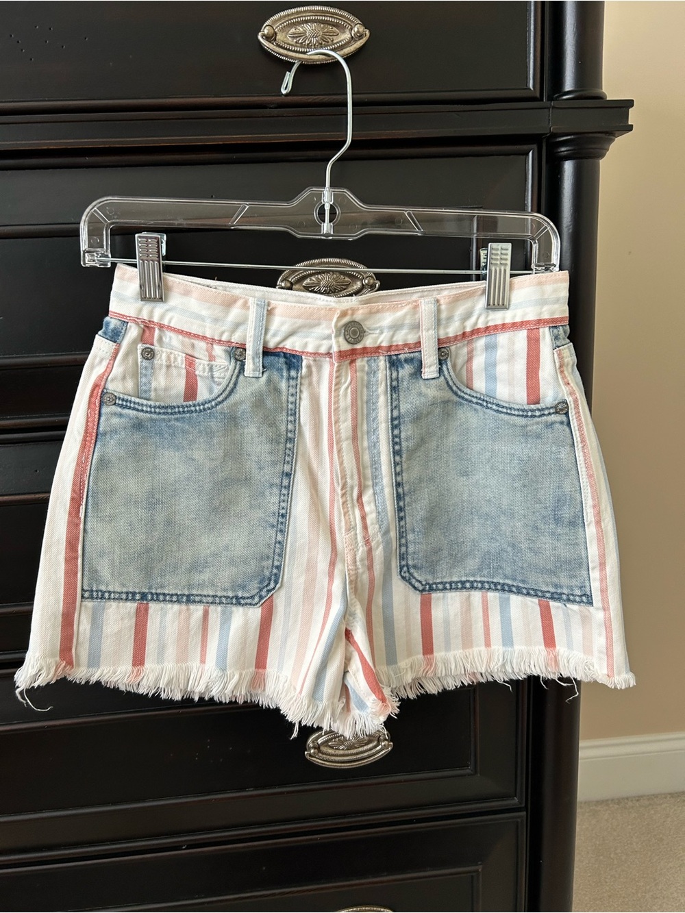 American Eagle Outfitters Striped Fringe-Hem Shorts with Denim Pockets